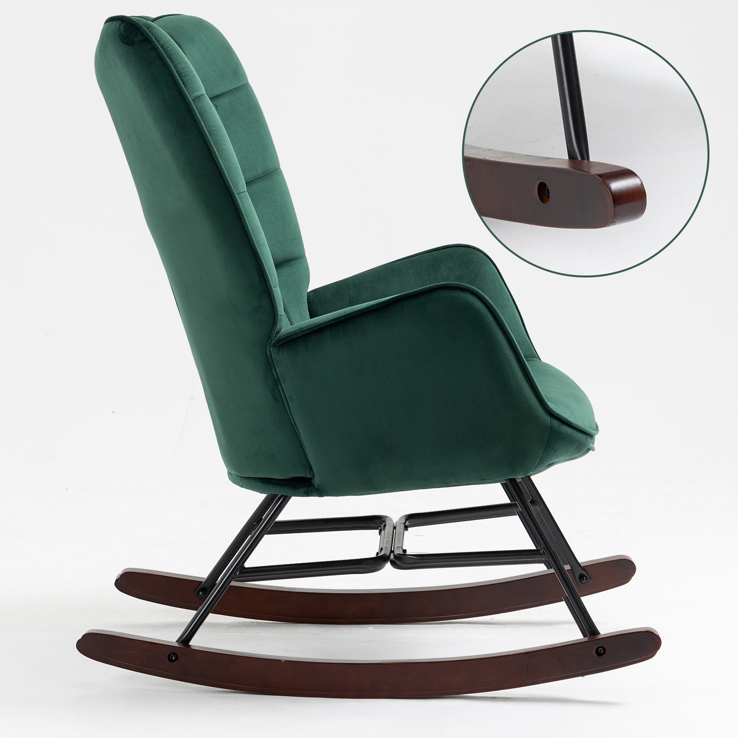 Fauteuil à bascule allaitement scandinave avec accoudoirs en velours vert foncé à surpiqûres - FUNKEL