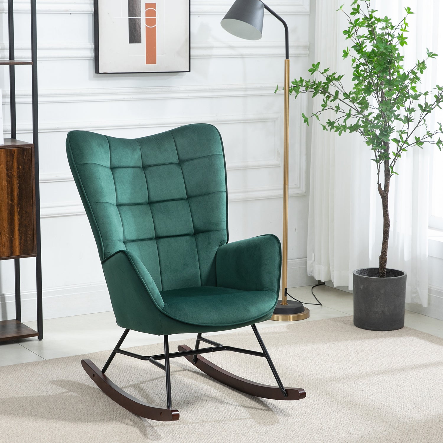 Comfortable retro nursing rocking chair upholstered in dark green velvet with stitching - FUNKEL VELVET GREEN FABRIC ROCK