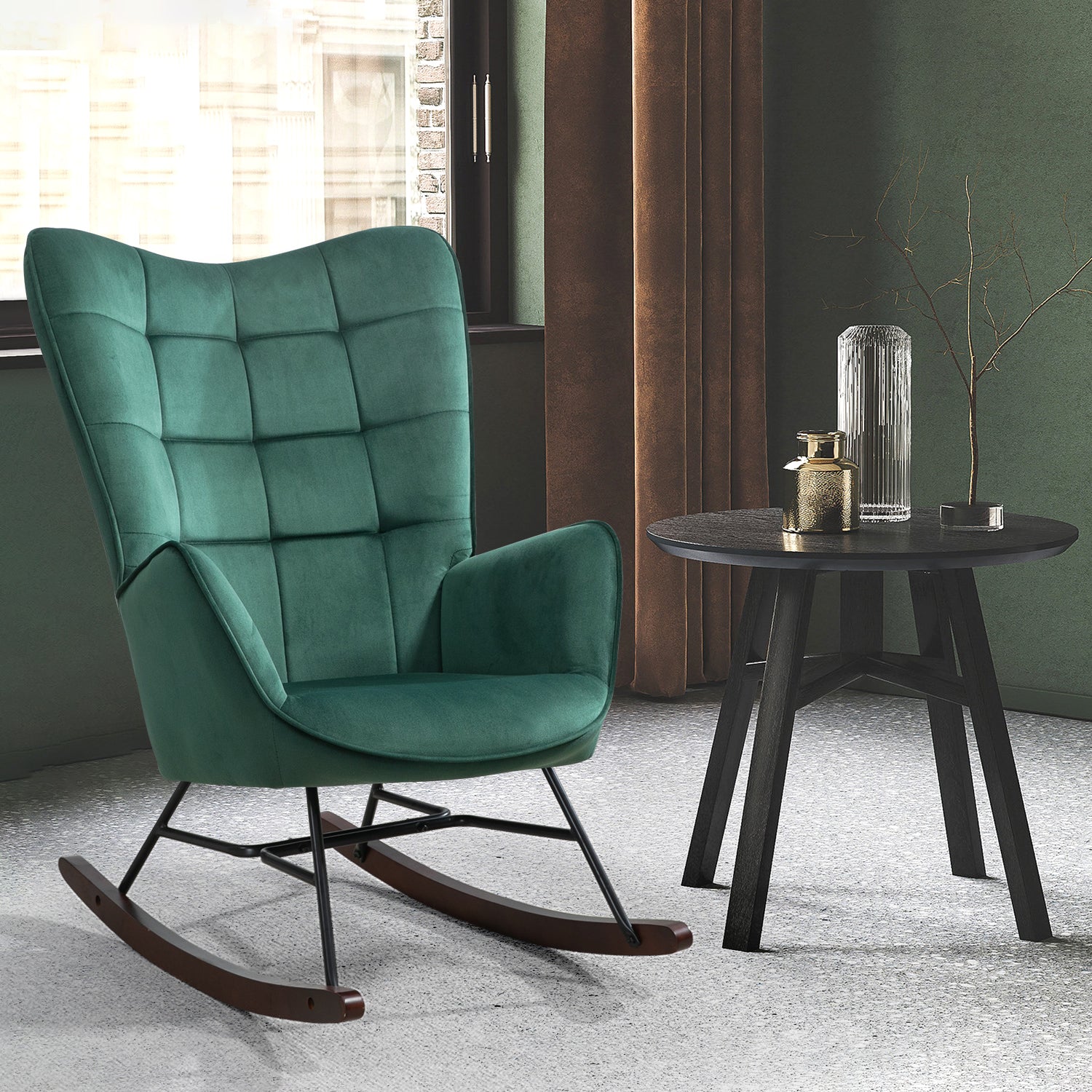 Fauteuil à bascule allaitement scandinave avec accoudoirs en velours vert foncé à surpiqûres - FUNKEL