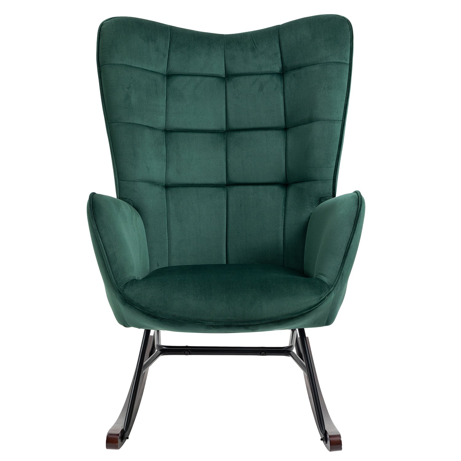 Comfortable retro nursing rocking chair upholstered in dark green velvet with stitching - FUNKEL VELVET GREEN FABRIC ROCK