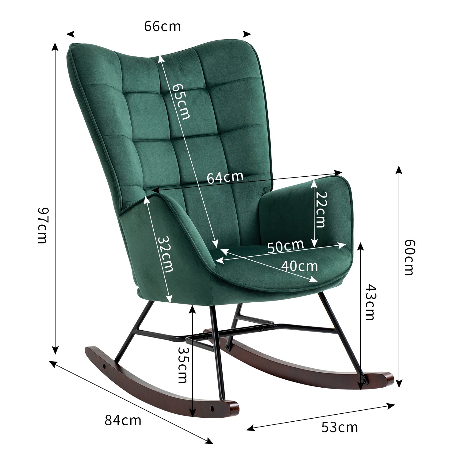 Comfortable retro nursing rocking chair upholstered in dark green velvet with stitching - FUNKEL VELVET GREEN FABRIC ROCK