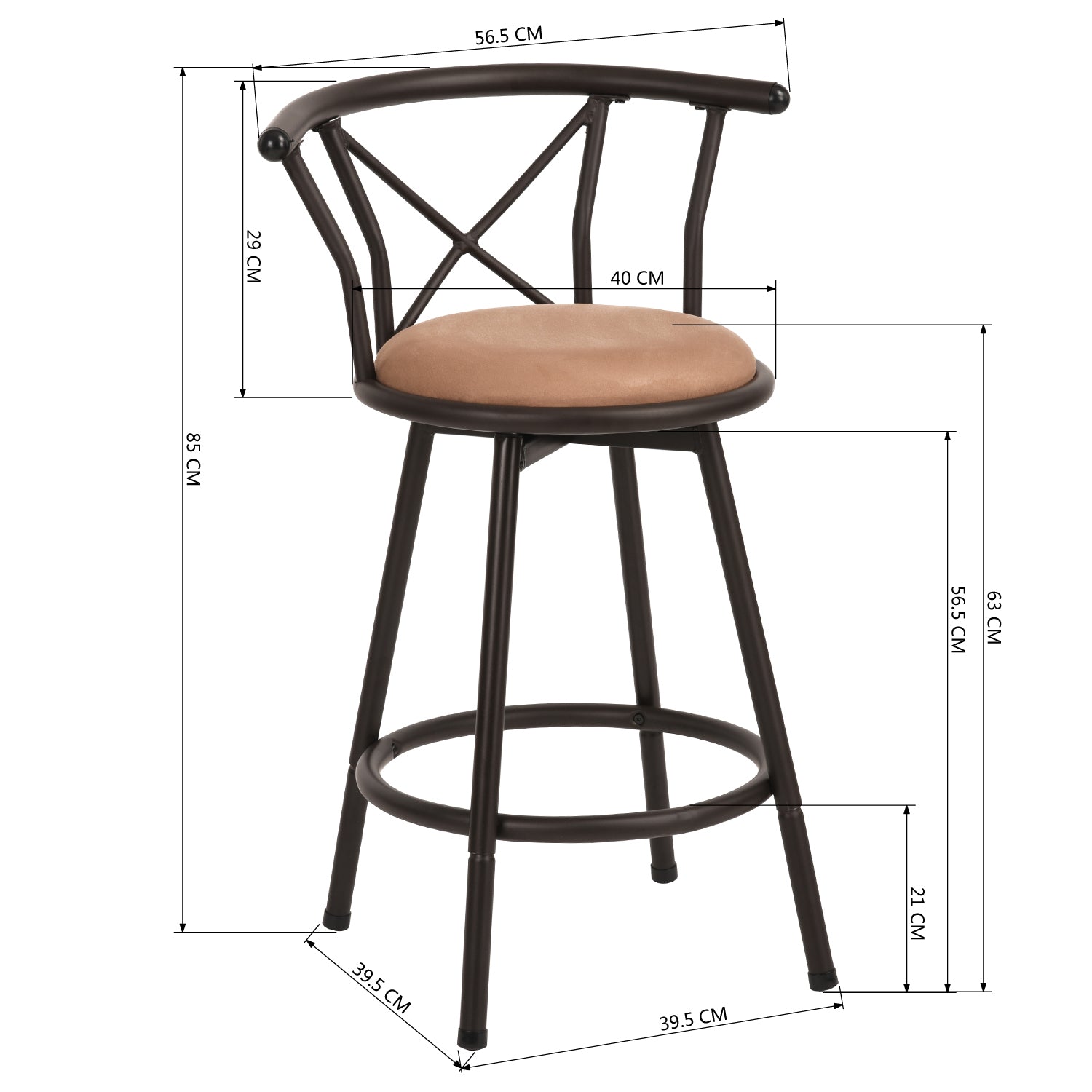 Set of 2 Industrial style kitchen bar stools with mocha-colored metal legs, 360° seat and footrest - HAILEY 24 INCH BROWN 2PCS