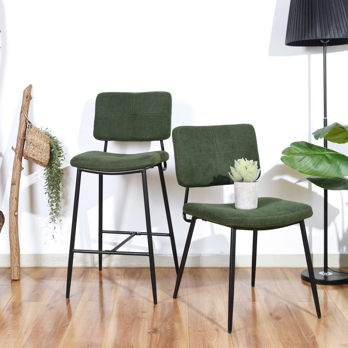 Set of 2 retro vintage industrial dining room chairs in green fabric - KAROMI