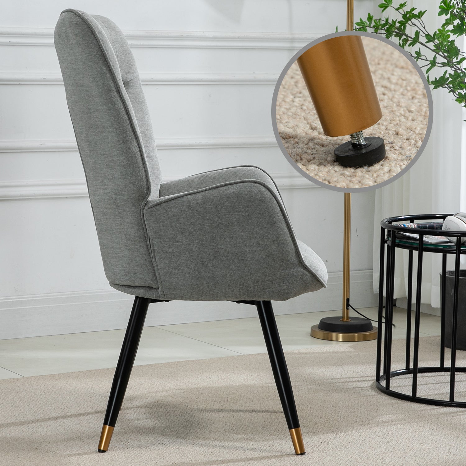 Scandinavian armchair padded with comfortable back with gray fabric armrests, black and gold metal legs - KAS FABRIC GRAY BLACK GOLD LEG