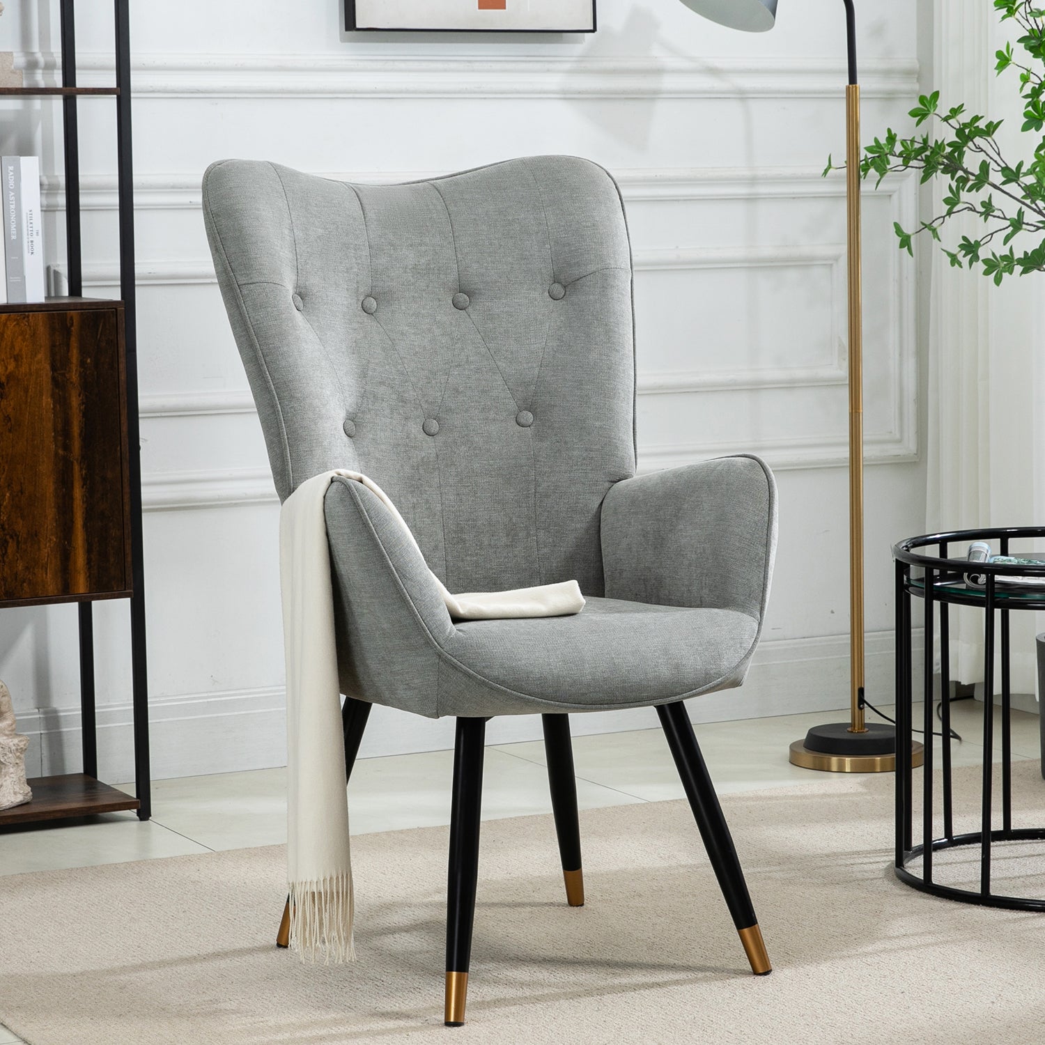 Scandinavian armchair padded with comfortable back with gray fabric armrests, black and gold metal legs - KAS FABRIC GRAY BLACK GOLD LEG