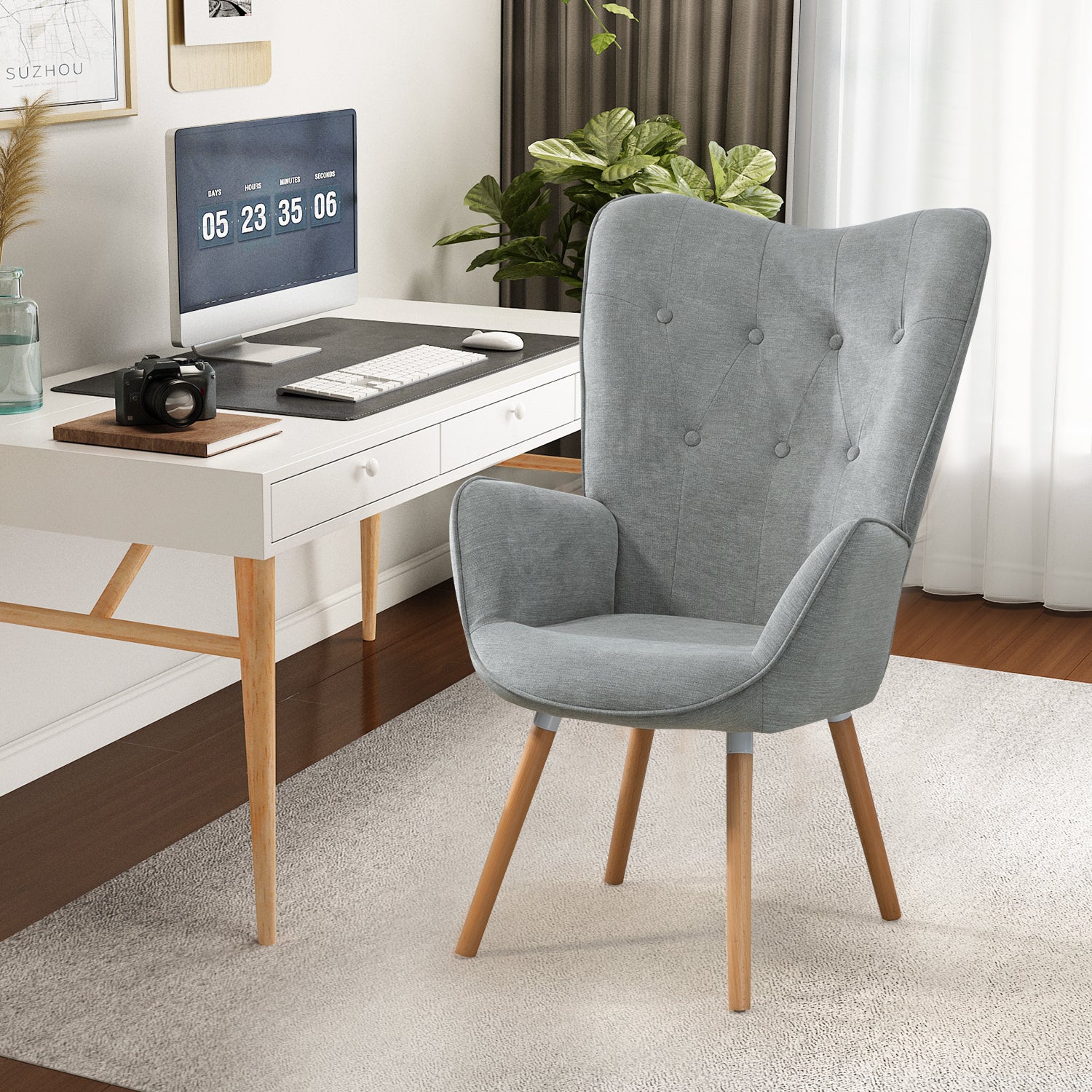 Fauteuil scandinave capitonné dossier confortable avec accoudoirs en tissu gris - KAS FABRIC GREY NATURE WOOD