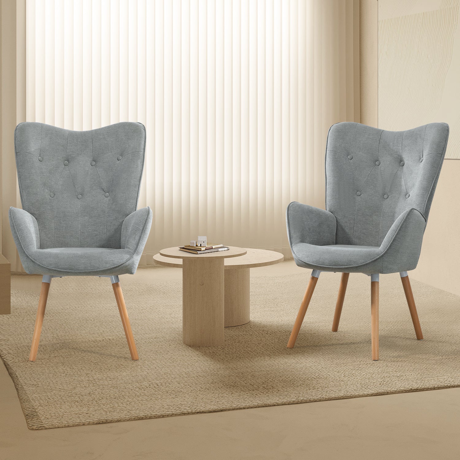 Fauteuil scandinave capitonné dossier confortable avec accoudoirs en tissu gris - KAS FABRIC GREY NATURE WOOD