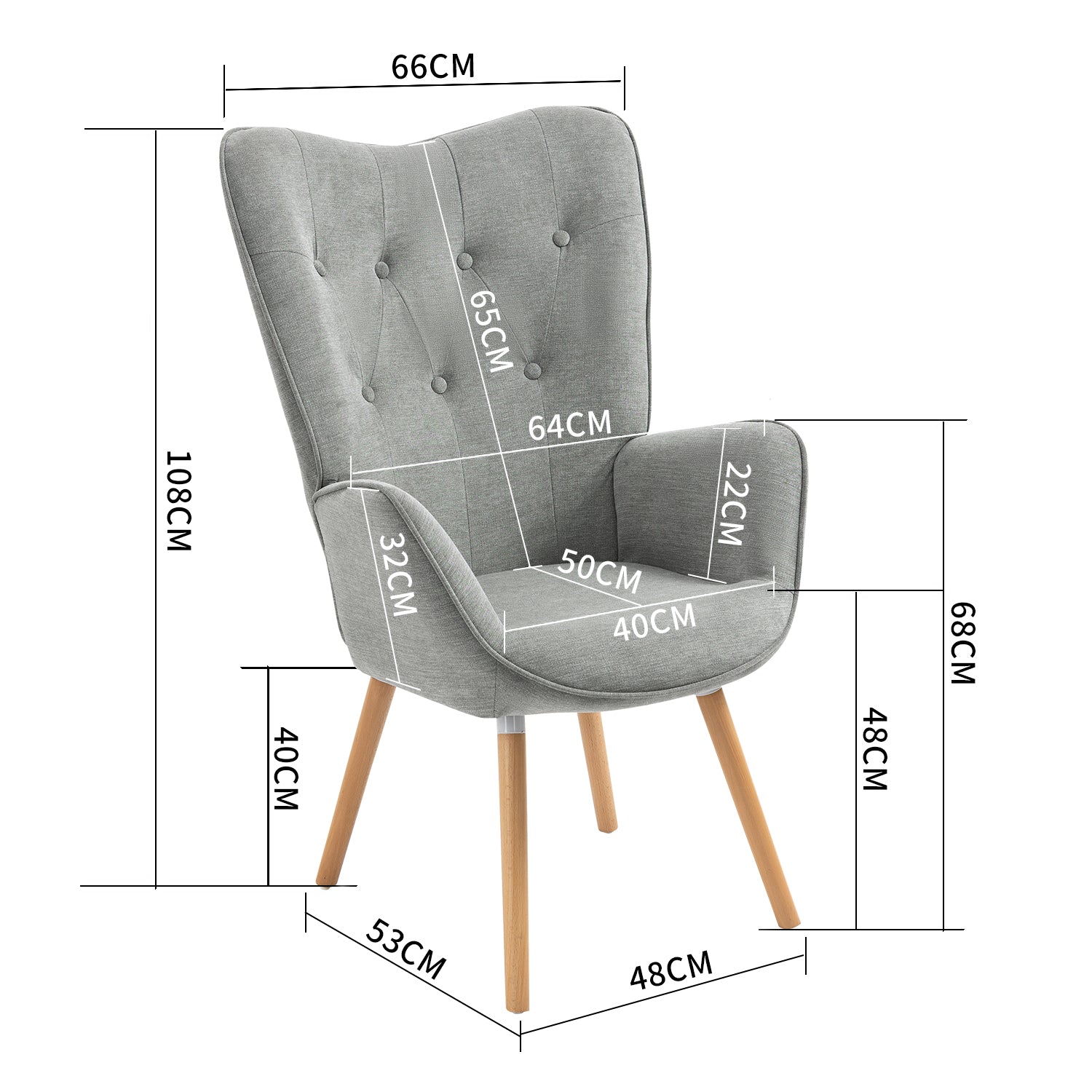 Fauteuil scandinave capitonné dossier confortable avec accoudoirs en tissu gris - KAS FABRIC GREY NATURE WOOD