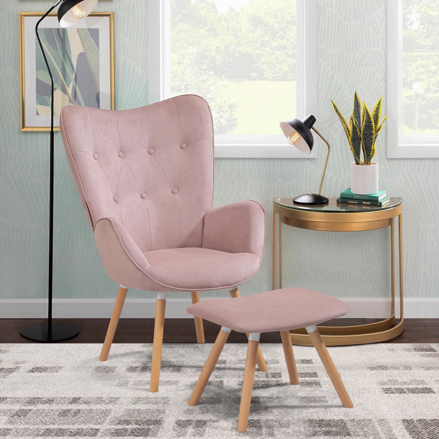 Set of Scandinavian armchair and footstool in pink fabric - KAS OTTOMAN FABRIC PINK