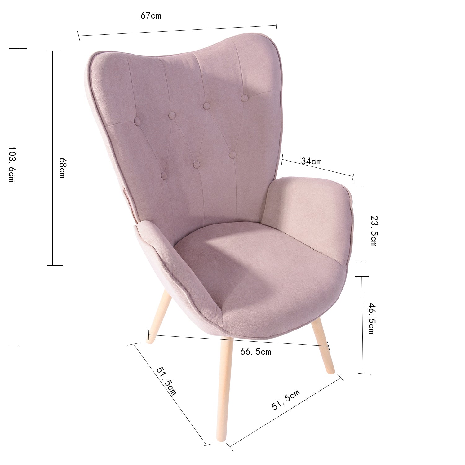 Scandinavian armchair padded with comfortable back with pink fabric armrests, solid beech wood legs - KAS PINK FABRIC