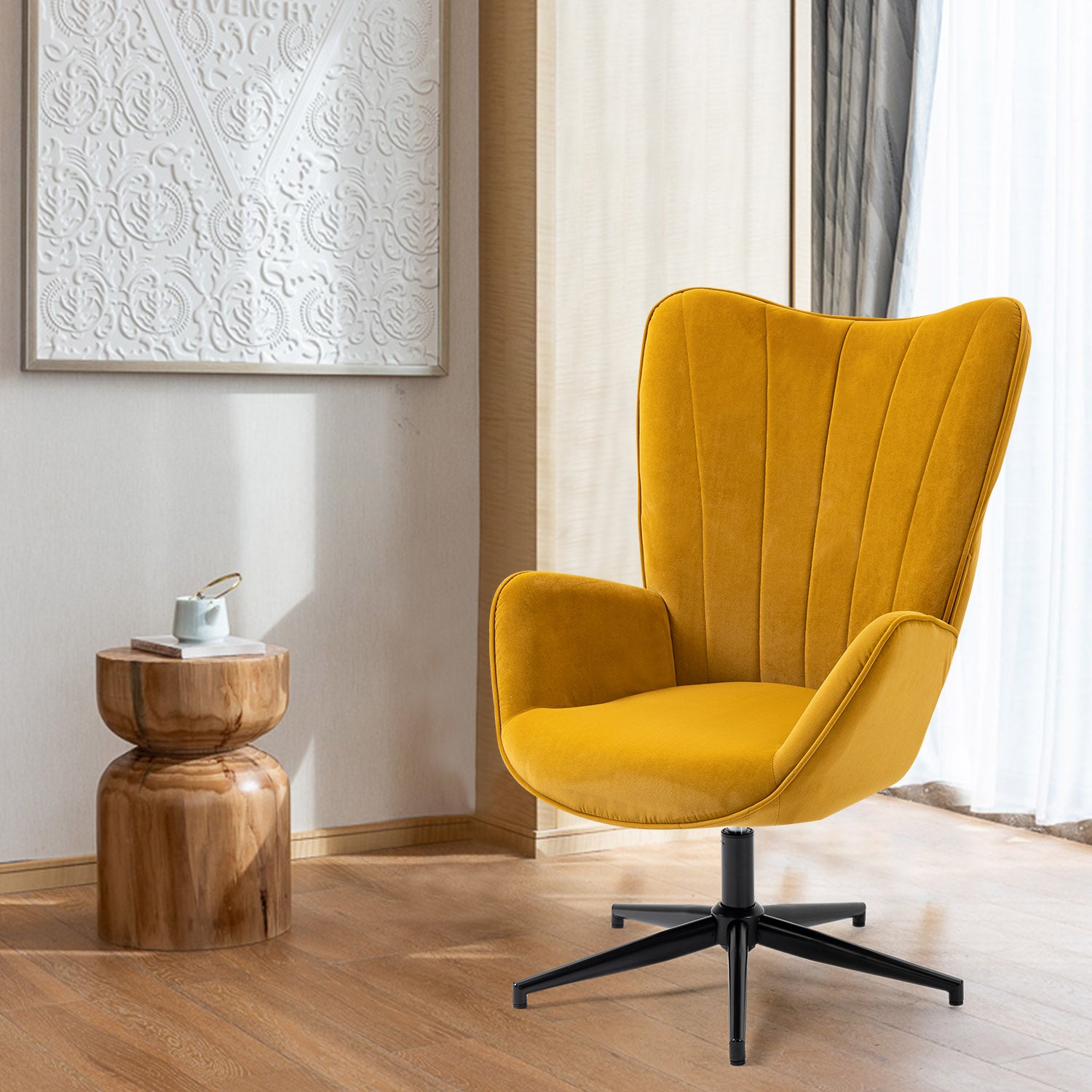 Chaise de relaxation, fauteuil de salon avec accoudoirs, pivotant à 360 degrés, en tissu jaune, pieds en métal noir - LINDELOF TURMERIC