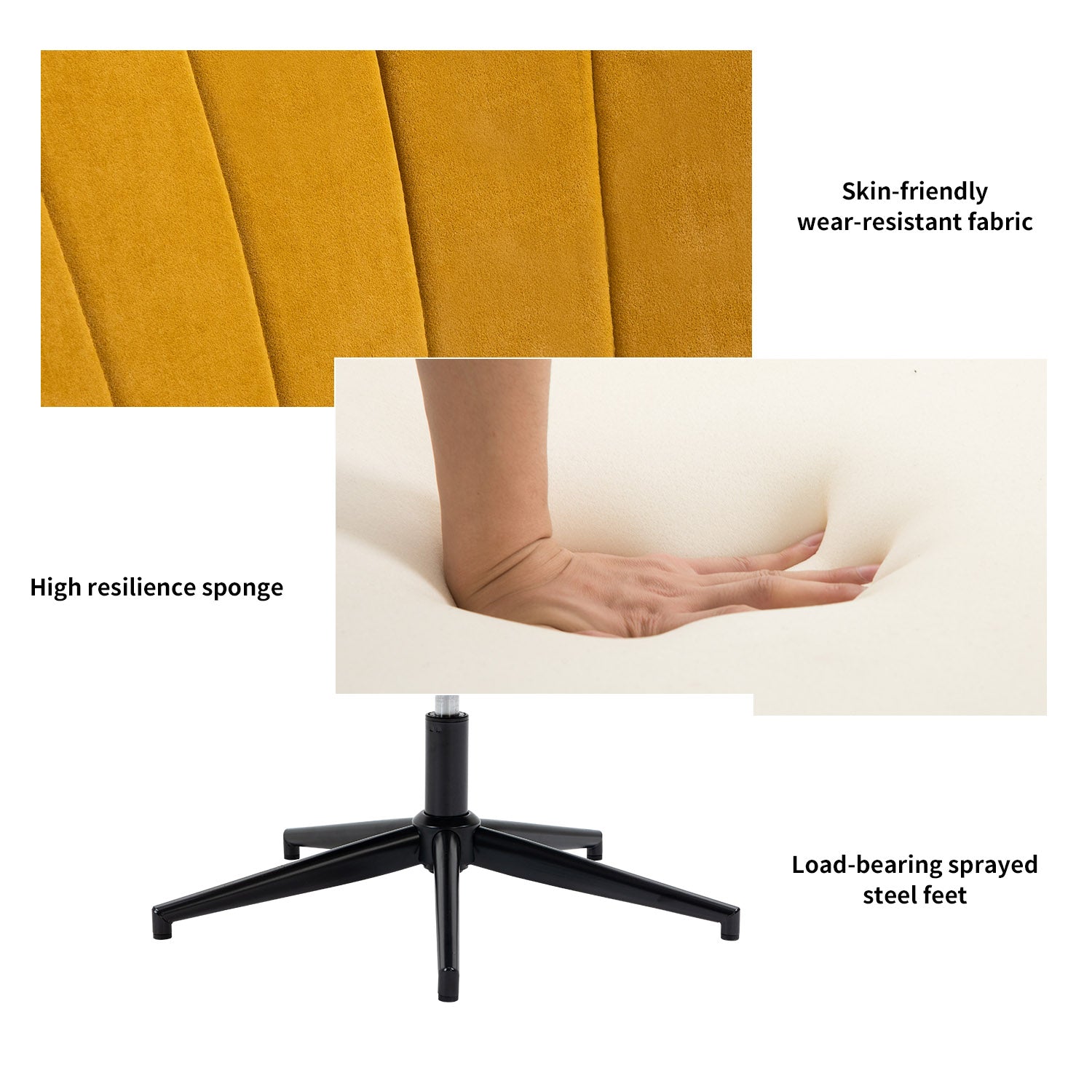 Chaise de relaxation, fauteuil de salon avec accoudoirs, pivotant à 360 degrés, en tissu jaune, pieds en métal noir - LINDELOF TURMERIC