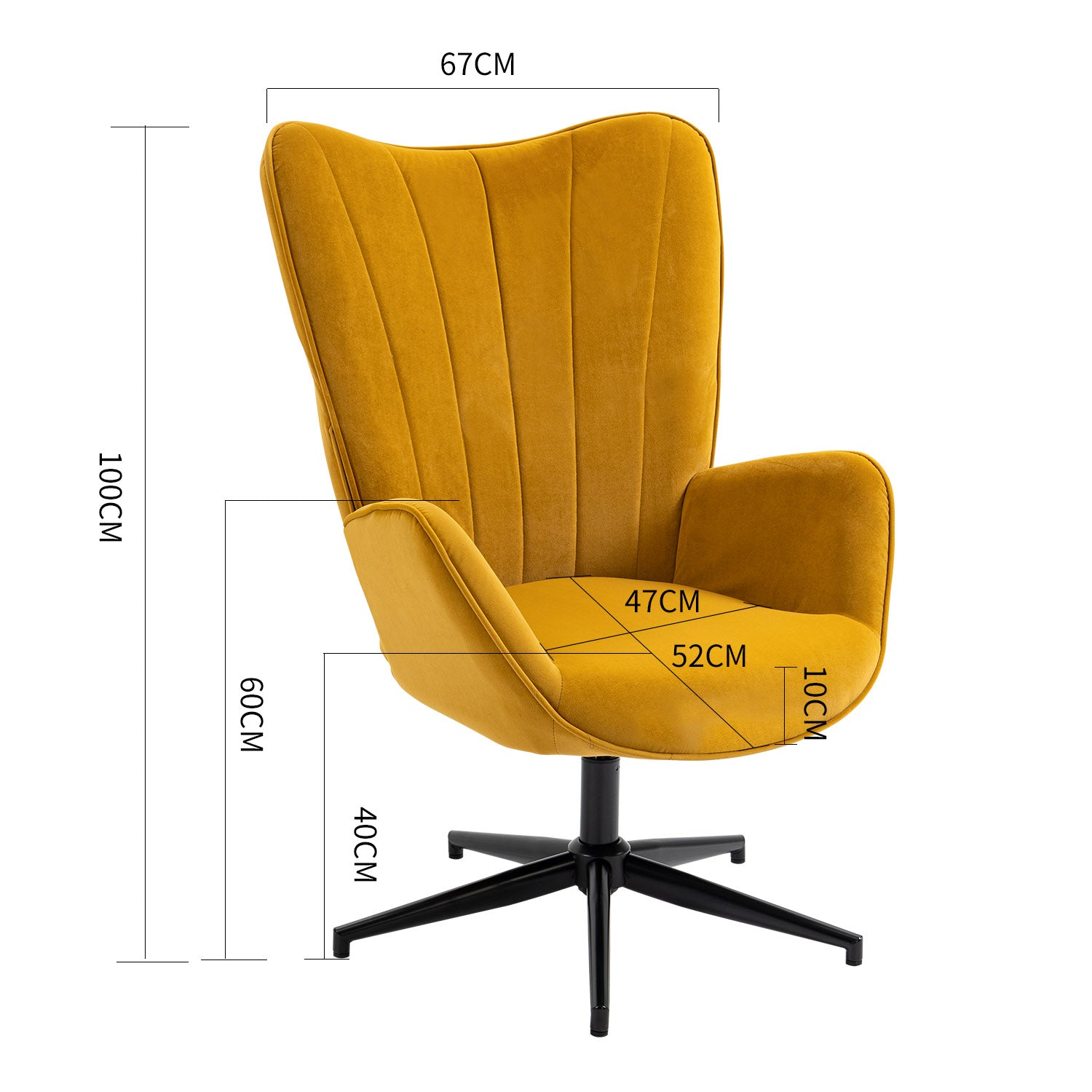 Entspannungssessel, Wohnzimmersessel mit Armlehnen, um 360 Grad drehbar, aus gelbem Stoff, schwarze Metallbeine – LINDELOF TURMERIC