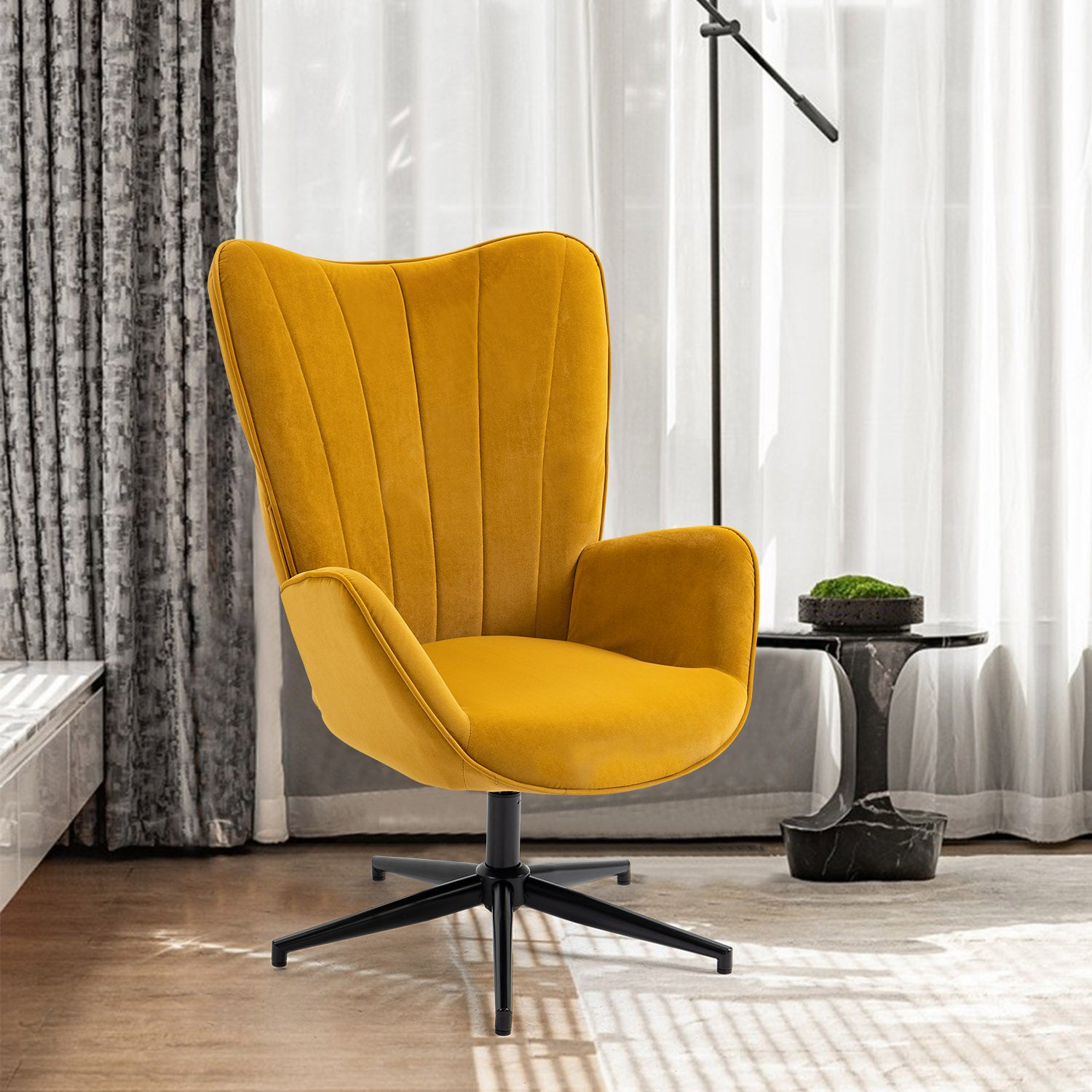 Relaxation chair, living room armchair with armrests, 360 degree swivel, in yellow fabric, black metal legs - LINDELOF TURMERIC