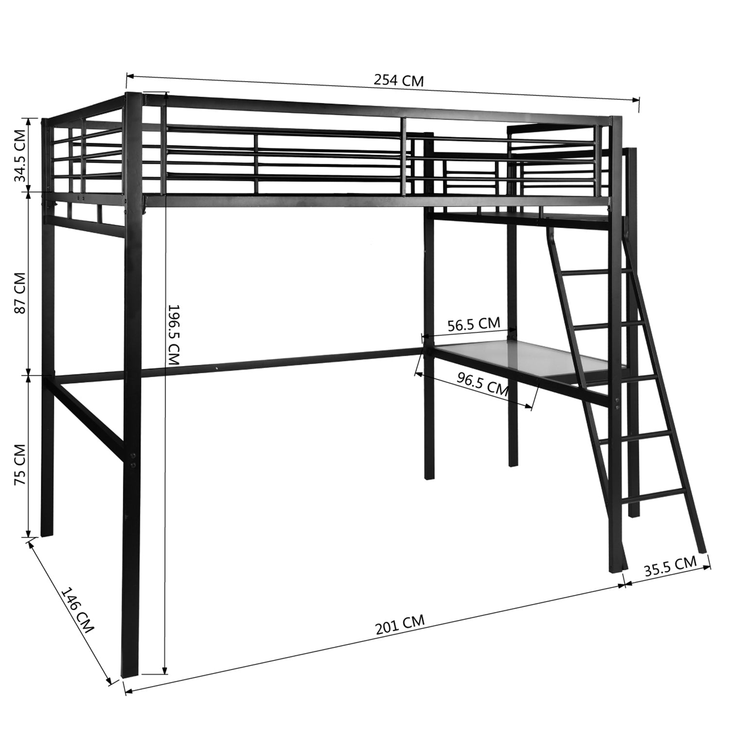 2-Sitzer-Mezzanine-Bett aus schwarzem Metall mit integriertem Schreibtisch, 140 x 190 cm großes Bett (Matratze nicht im Lieferumfang enthalten) – LIONEL