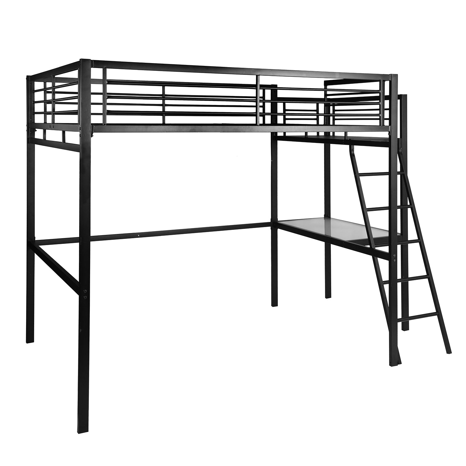 2-seater mezzanine bed in black metal with integrated desk, 140x190cm bed (mattress not included) - LIONEL