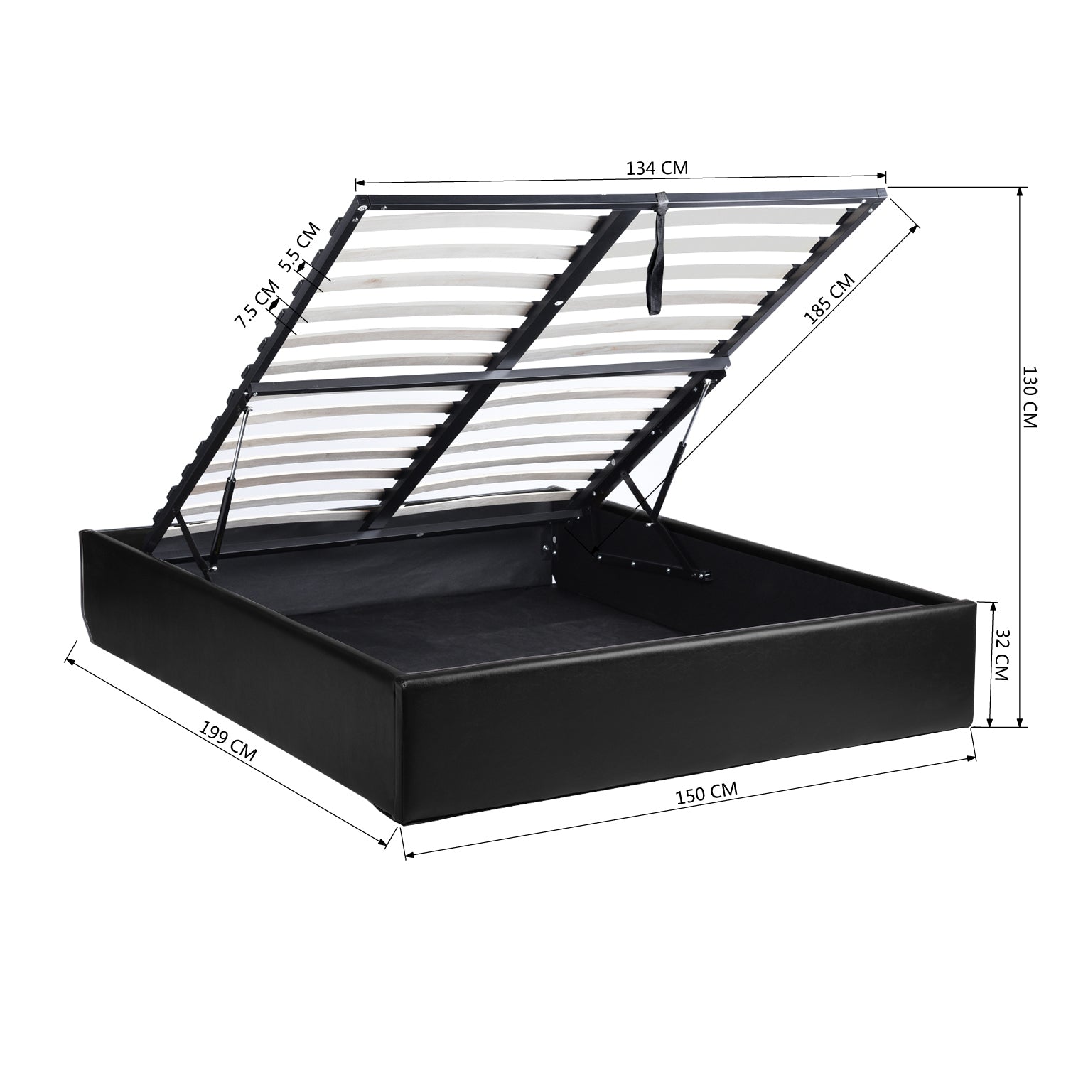 Cama contenedor de 2 plazas (140x190) con somier de láminas de estilo escandinavo en símil piel negra - MAJESTY 140 BK