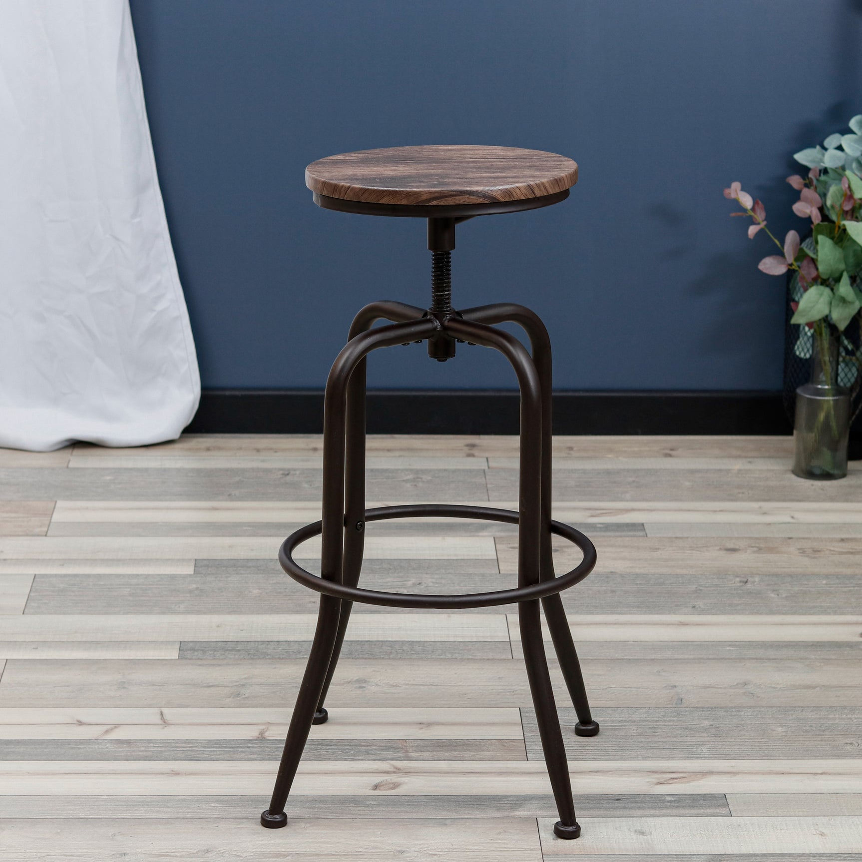 Set of 2 industrial bar stools with metal legs, 360° swivel wooden seat, adjustable height with footrest - ANACLETUS WALNUT