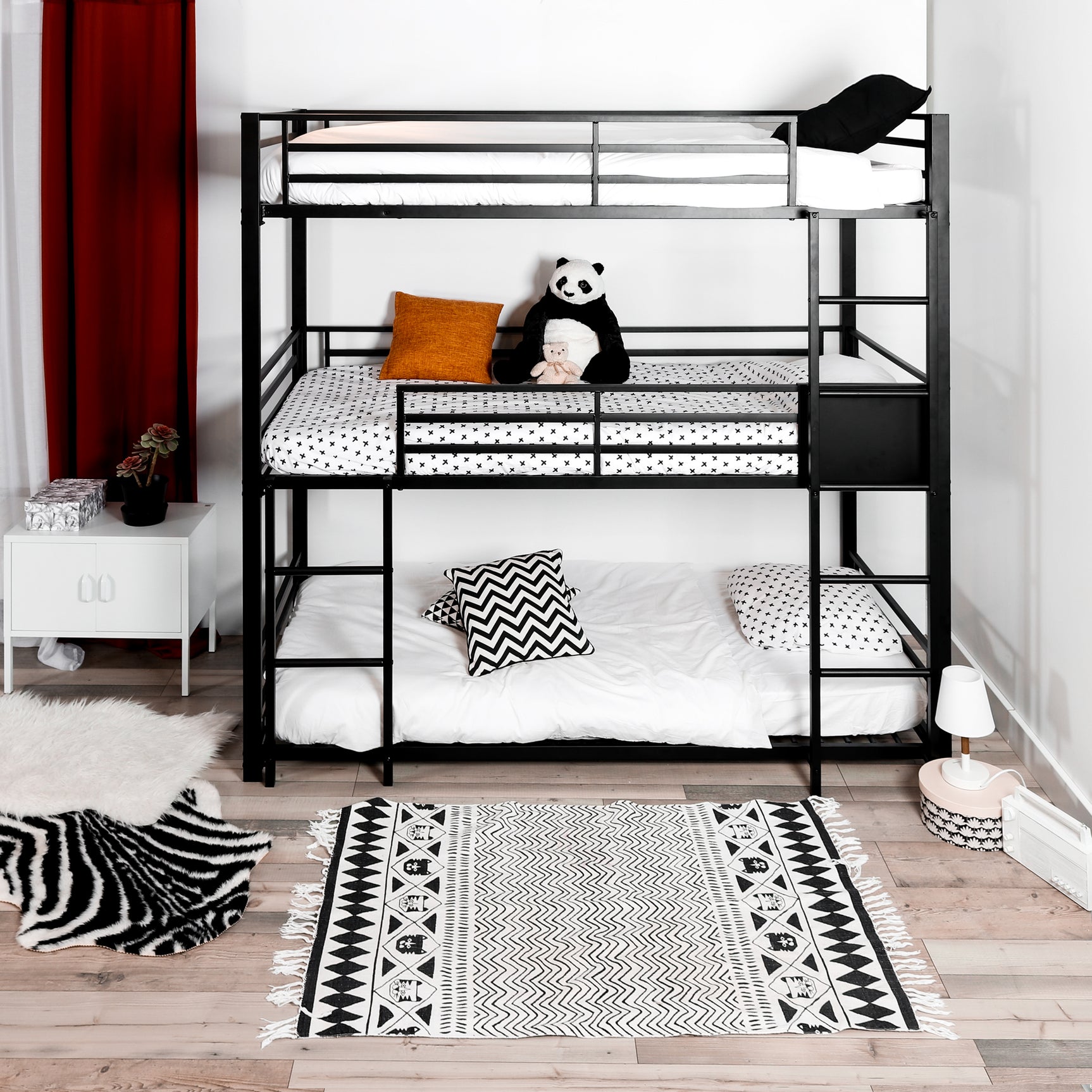 3-seater, 3-story bunk bed in black metal with ladder 90x190cm (mattress not included) - TRIO 3 RECTANGULAR BLACK