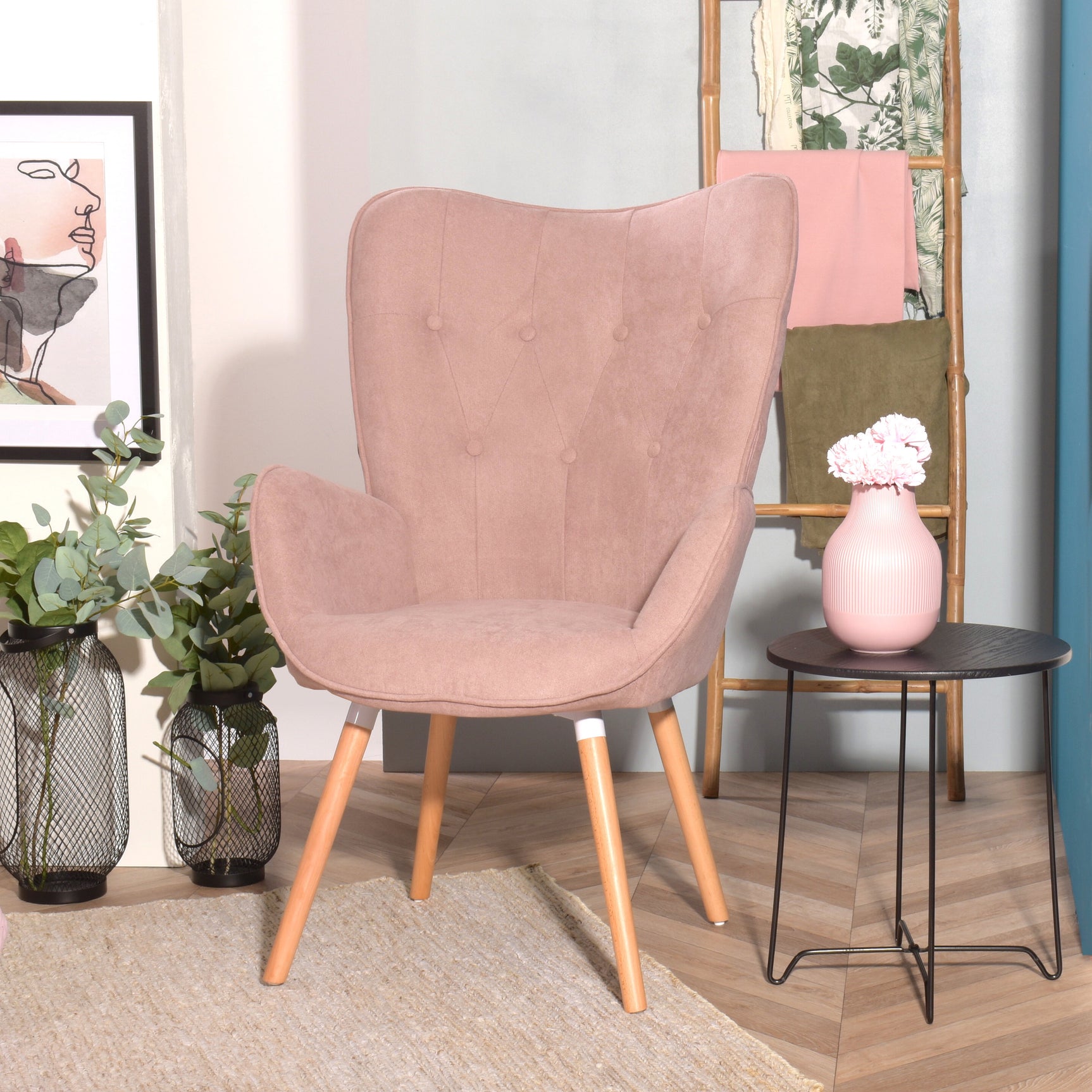 Scandinavian armchair padded with comfortable back with pink fabric armrests, solid beech wood legs - KAS PINK FABRIC