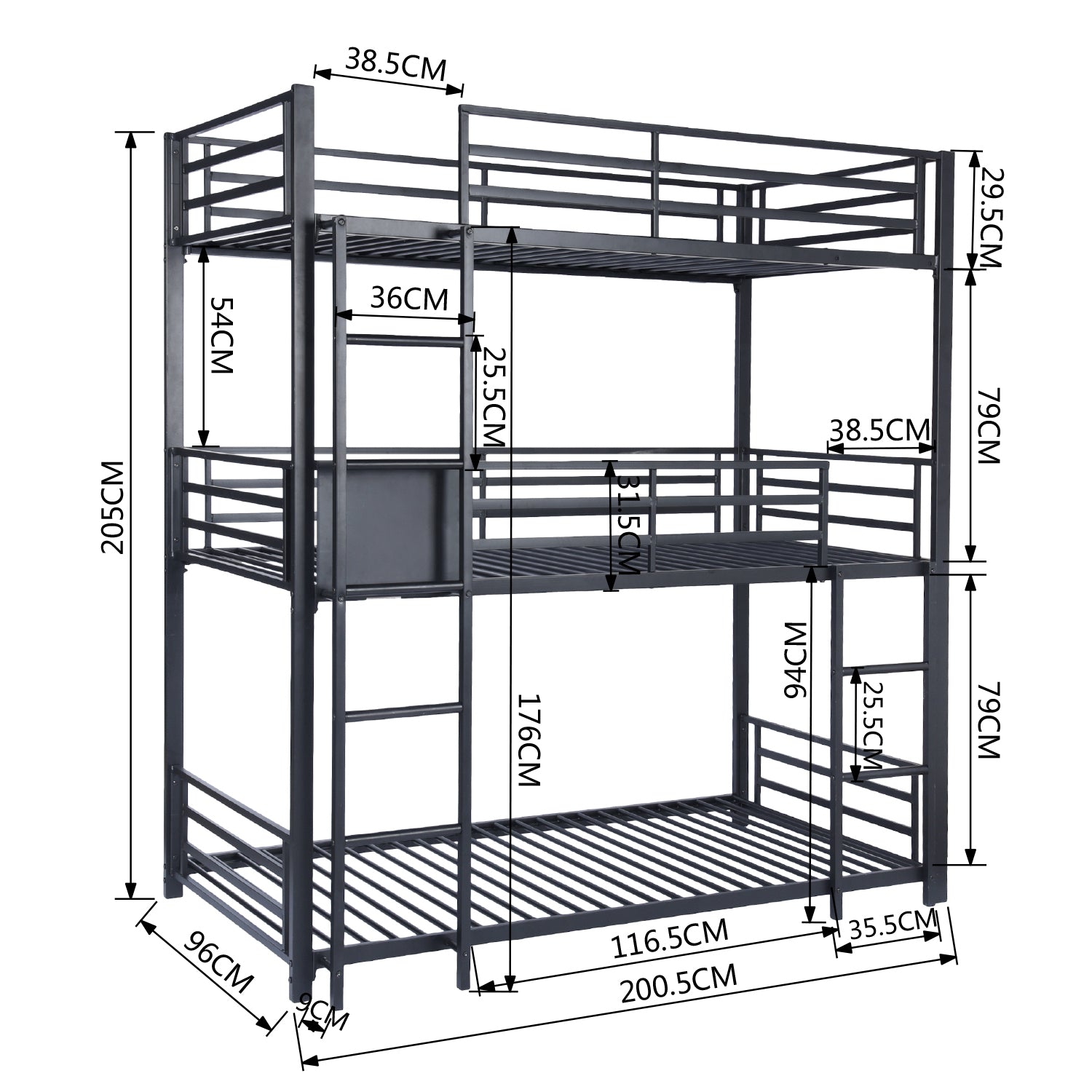 3-seater, 3-story bunk bed in black metal with ladder 90x190cm (mattress not included) - TRIO 3 RECTANGULAR BLACK