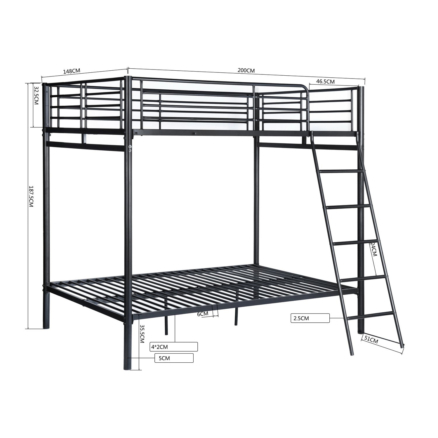 Litera de 4 plazas de metal negro con escalera 140x190cm (colchón no incluido) - TWIN DOUBLE BLACK PLUS