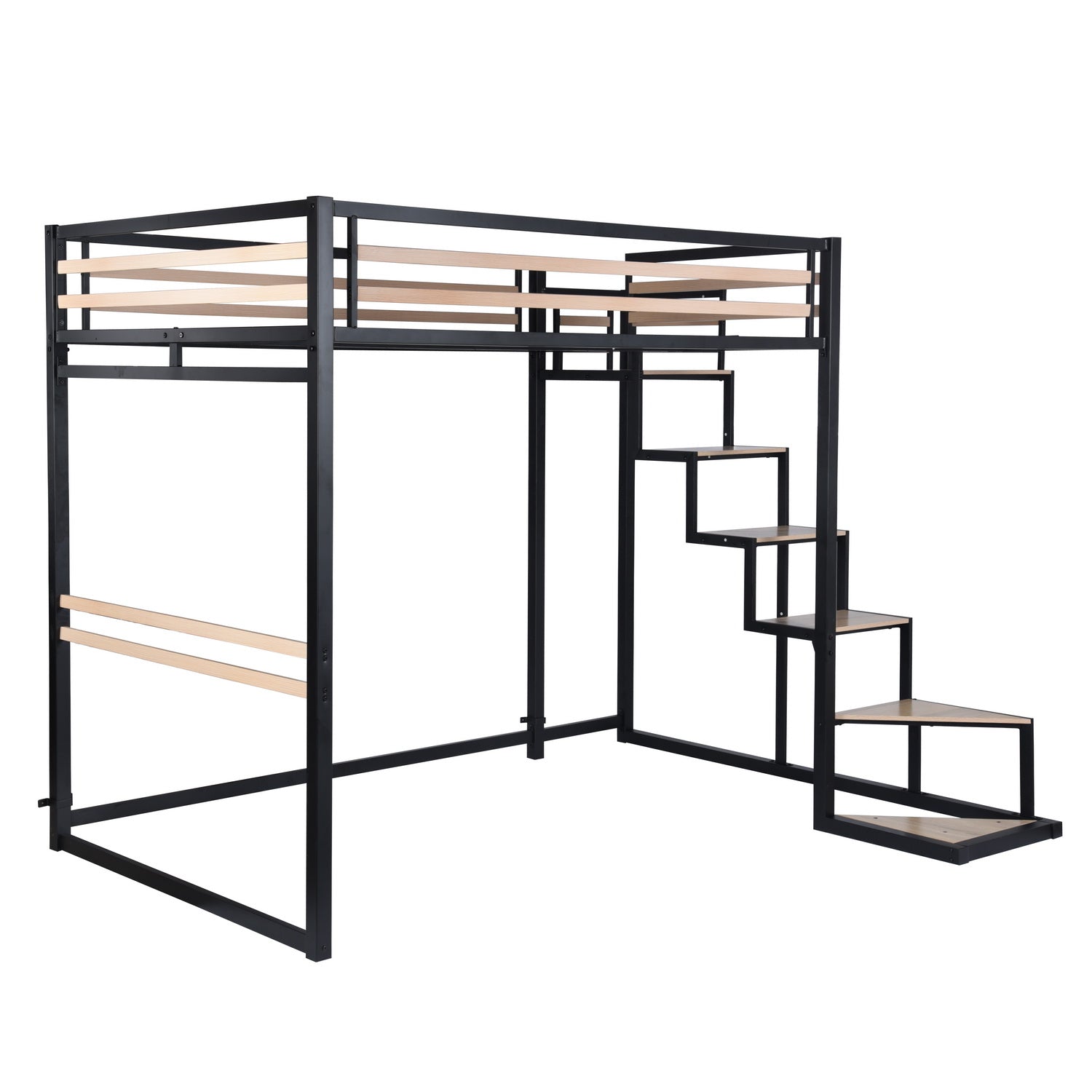 2-seater mezzanine bed (140x200) with slatted base in black and wood industrial style (mattress not included) - UP