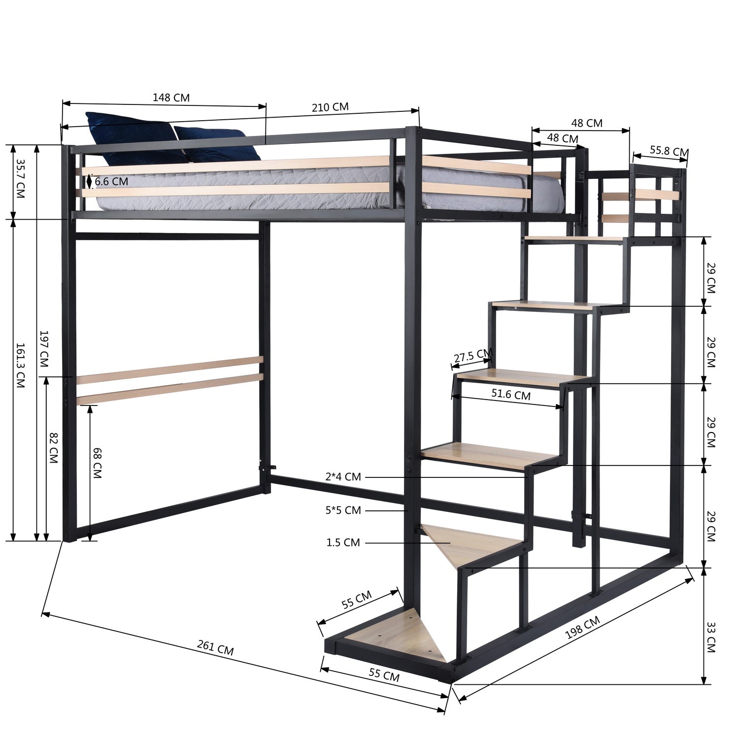 2-seater mezzanine bed (140x200) with slatted base in black and wood industrial style (mattress not included) - UP