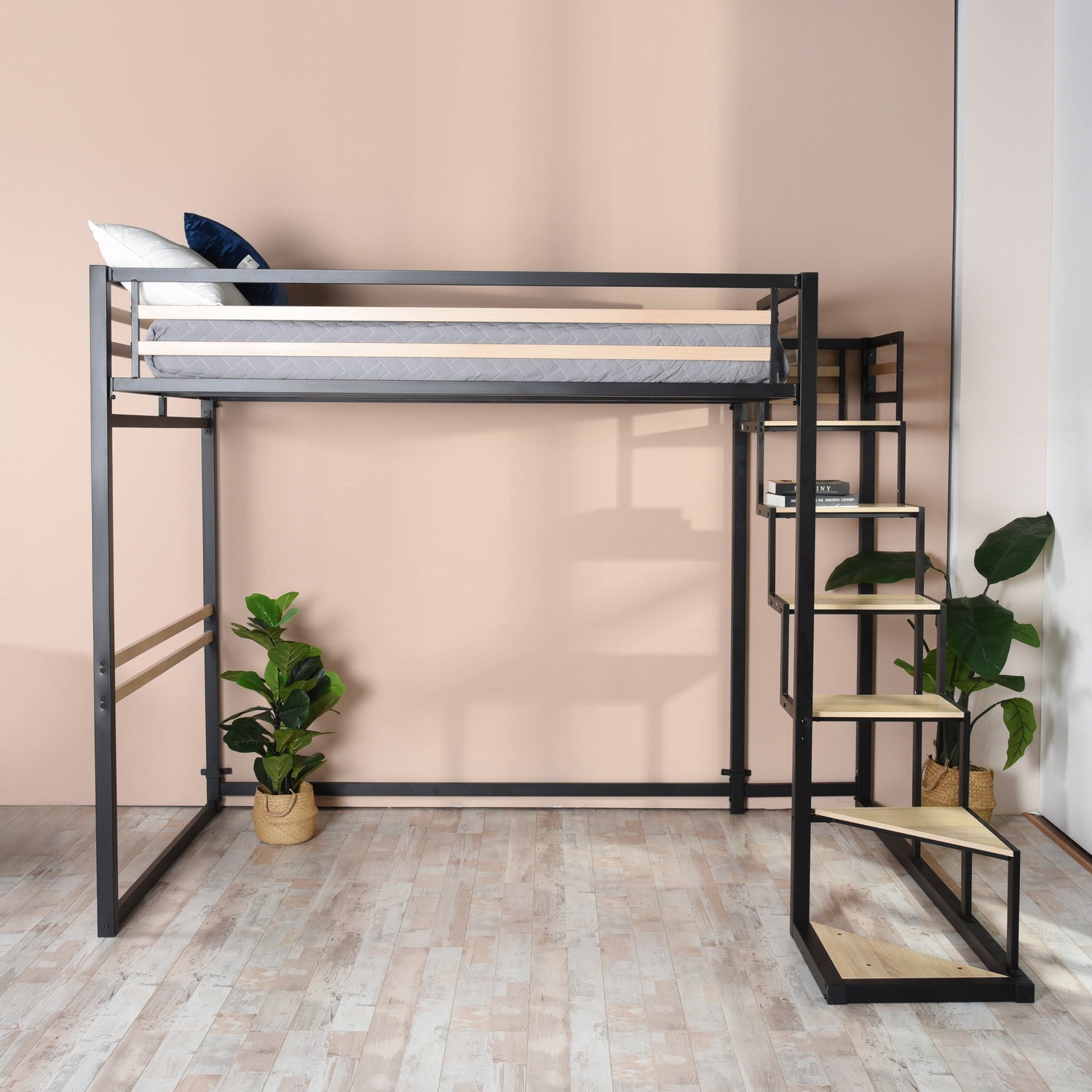 2-seater mezzanine bed (140x200) with slatted base in black and wood industrial style (mattress not included) - UP