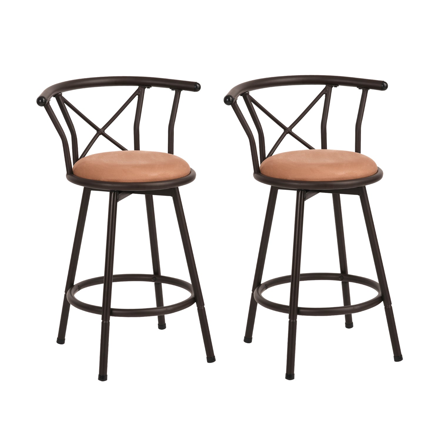 Set of 2 Industrial style kitchen bar stools with mocha-colored metal legs, 360° seat and footrest - HAILEY 24 INCH BROWN 2PCS