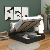 2-seater storage bed (140x190) with Scandinavian-style slatted base in black imitation leather - MAJESTY 140 BK